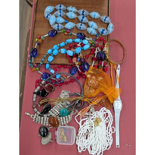 64 - An Assortment of Vintage and Contemporary Costume Jewellery and Watches In Lined Square Wooden Box