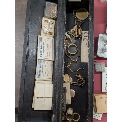 159 - Assortment of Vintage Jeweller's and Watchmaker's Components in Chinoiserie Lacquer Pillar Style Box