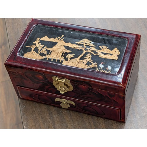 89 - An Assortment of Vintage Costume Jewellery in an Asian-Style Cork Diorama Jewellery Box