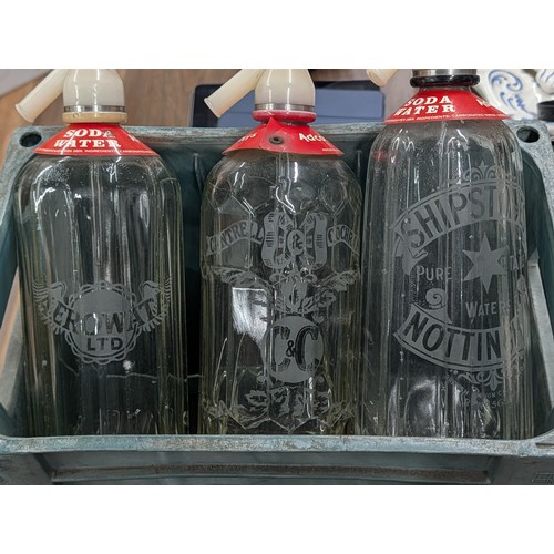 152 - Collection of Six Vintage British Etched Glass Soda Siphons in a Plastic Crate