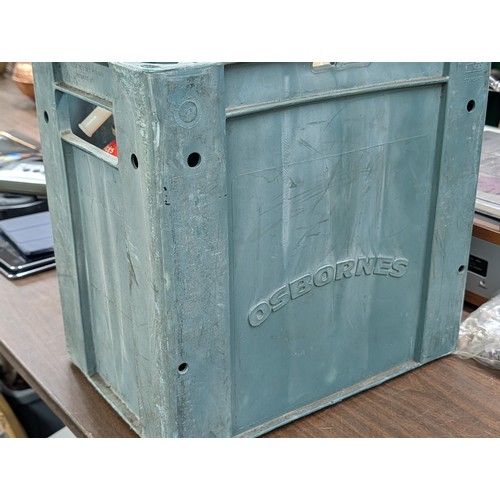 152 - Collection of Six Vintage British Etched Glass Soda Siphons in a Plastic Crate