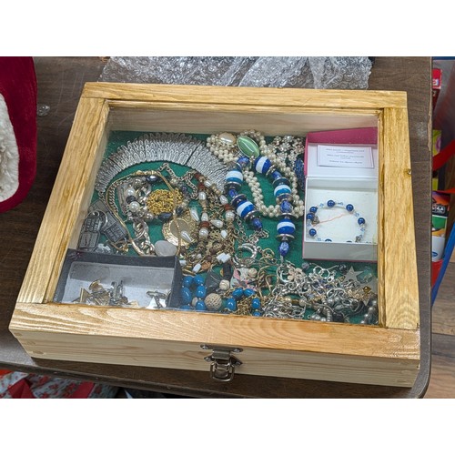65 - Assortment of Costume Jewellery and Accessories in Wooden Counter Top Display Show Case