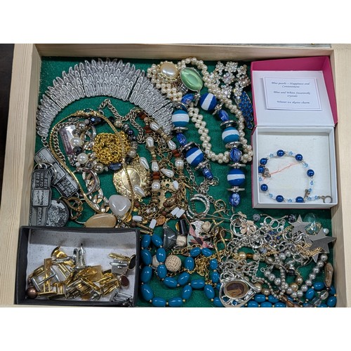 65 - Assortment of Costume Jewellery and Accessories in Wooden Counter Top Display Show Case