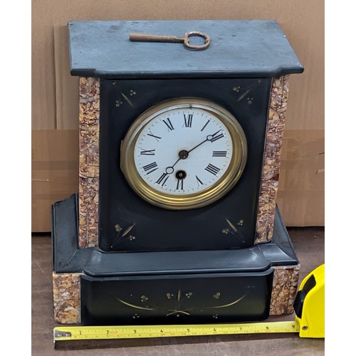 63 - Late 19th Century French Style Black Granite and Variegated Marble Mantel Clock, With pendulum and k... 