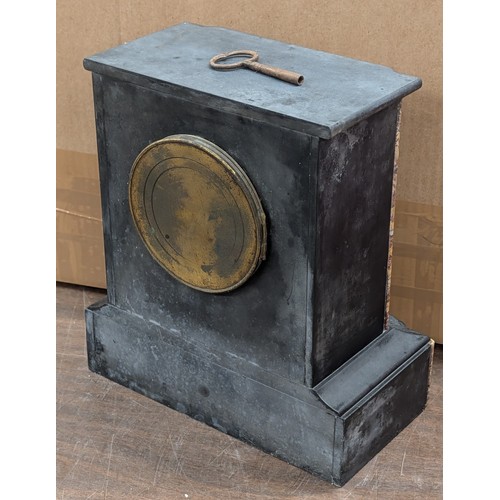 63 - Late 19th Century French Style Black Granite and Variegated Marble Mantel Clock, With pendulum and k... 