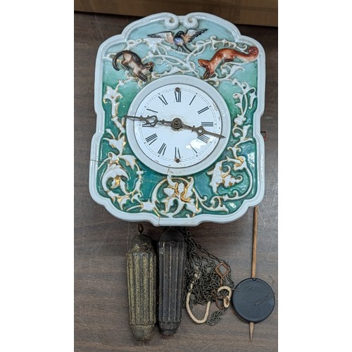 67 - 19th Century German Black Forest Ceramic Shield Wall Clock, Corner section broken off but present an... 