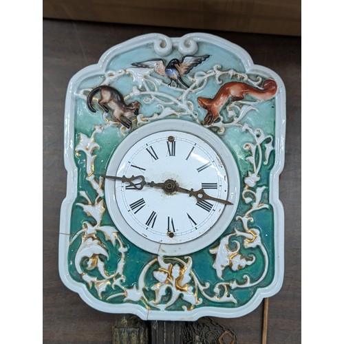 67 - 19th Century German Black Forest Ceramic Shield Wall Clock, Corner section broken off but present an... 