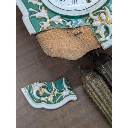 67 - 19th Century German Black Forest Ceramic Shield Wall Clock, Corner section broken off but present an... 