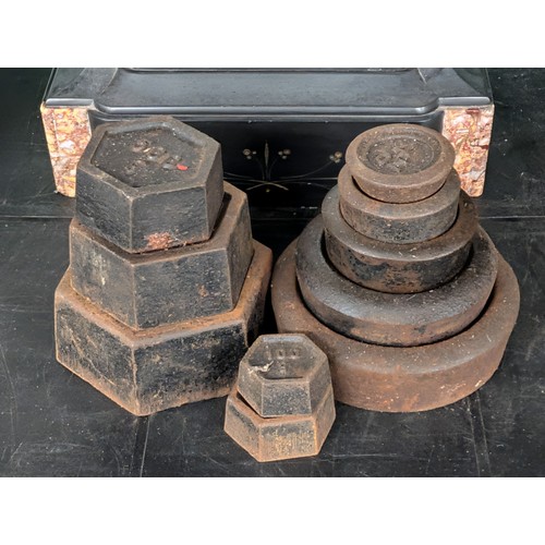 62 - Two Sets of Antique Industrial Cast Iron Scale Weights, Hexagonal & Round