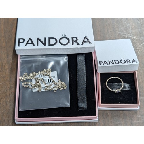 342 - Two Pandora Sterling Silver Jewellery Items: Cable Chain Necklace and Floral Motif Ring
