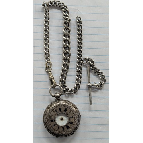 337 - A Victorian Sterling Silver Half-Hunter Pocket Watch for Restoration and Albert Chain - 105 gm Gross... 