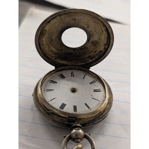 337 - A Victorian Sterling Silver Half-Hunter Pocket Watch for Restoration and Albert Chain - 105 gm Gross... 