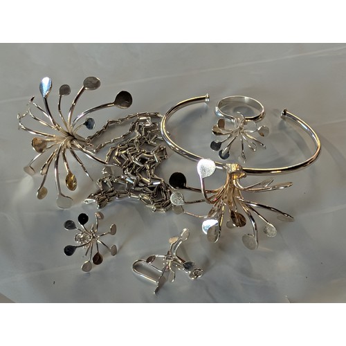 349 - Modernist 925 Silver Jewellery Set, Pendant Necklace, Bracelet Ring Size S & Earrings - 55.2 gm