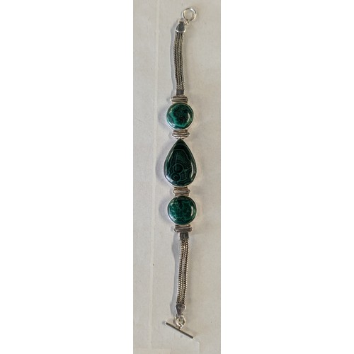 340 - Sterling Silver and Malachite Triple Cabochon Toggle Bracelet - 34.7 gm