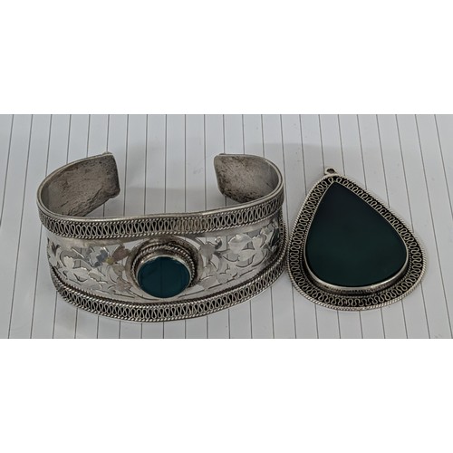 351 - A Pair of Sterling Silver and Green Onyx Filigree Openwork Jewellery Pieces Being Bangle & Pendant -... 