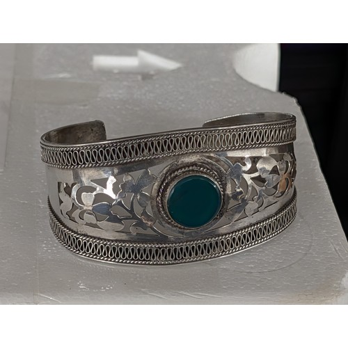 351 - A Pair of Sterling Silver and Green Onyx Filigree Openwork Jewellery Pieces Being Bangle & Pendant -... 
