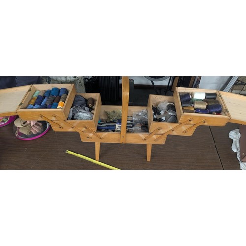 320 - Mid-Century Modern Wooden Cantilever Sewing Box on Tapered Legs Full of Contents