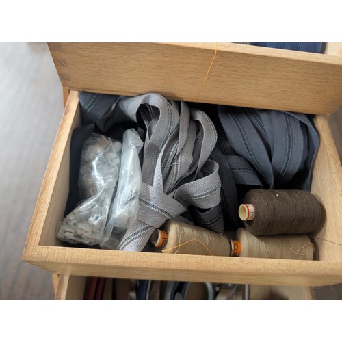 320 - Mid-Century Modern Wooden Cantilever Sewing Box on Tapered Legs Full of Contents