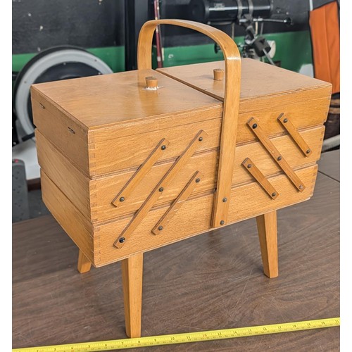 320 - Mid-Century Modern Wooden Cantilever Sewing Box on Tapered Legs Full of Contents