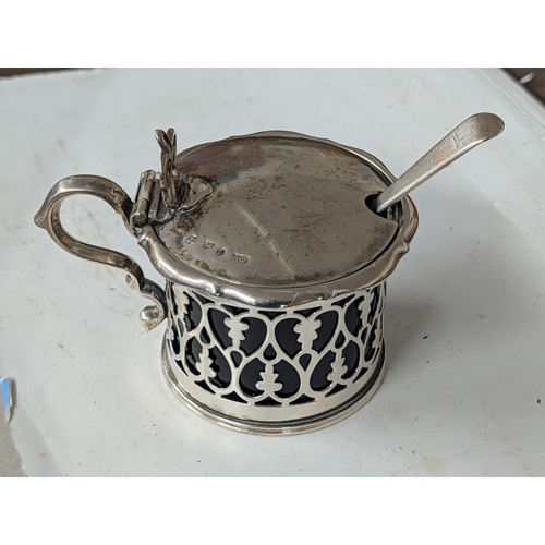 274 - Victorian Sterling Silver Mustard Pot With Bristol Blue Liner  and a Sterling Silver Spoon - 125.5 g... 