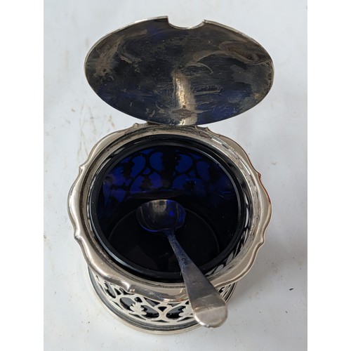 274 - Victorian Sterling Silver Mustard Pot With Bristol Blue Liner  and a Sterling Silver Spoon - 125.5 g... 