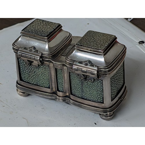 278 - Sterling Silver and Shagreen Double Inkstand, Originally Purchased From Chequers Sale Bonhams - Gros... 