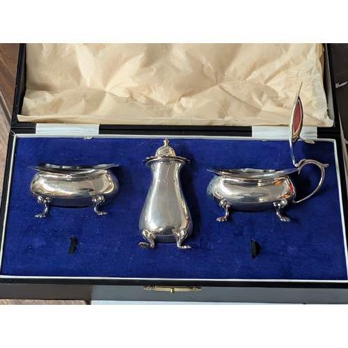 290 - Cased Trio of Birmingham Sterling Silver Condiment Set - 181 gm