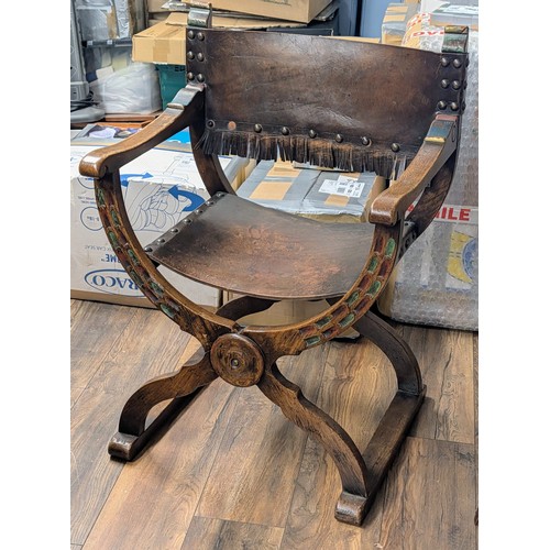 248 - Spanish Revival Carved Hardwood and Leather Savonarola X Frame Armchair