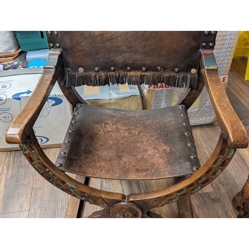 248 - Spanish Revival Carved Hardwood and Leather Savonarola X Frame Armchair