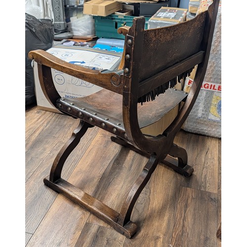 248 - Spanish Revival Carved Hardwood and Leather Savonarola X Frame Armchair