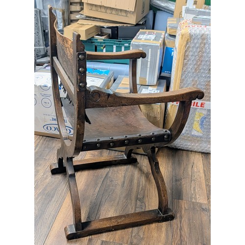 248 - Spanish Revival Carved Hardwood and Leather Savonarola X Frame Armchair