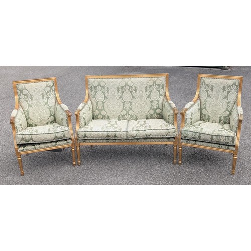 242 - Trio of Louis XVI Style Giltwood and Damask Upholstered Seating Consisting of Two Seater Couch & Two... 