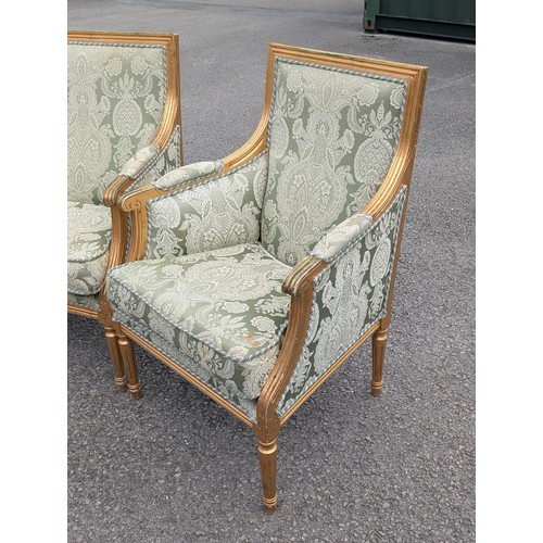 242 - Trio of Louis XVI Style Giltwood and Damask Upholstered Seating Consisting of Two Seater Couch & Two... 