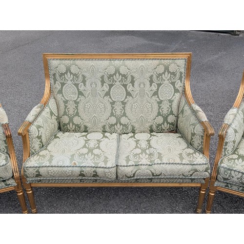 242 - Trio of Louis XVI Style Giltwood and Damask Upholstered Seating Consisting of Two Seater Couch & Two... 