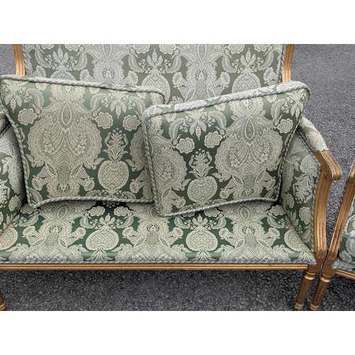 242 - Trio of Louis XVI Style Giltwood and Damask Upholstered Seating Consisting of Two Seater Couch & Two... 