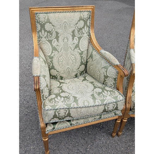 242 - Trio of Louis XVI Style Giltwood and Damask Upholstered Seating Consisting of Two Seater Couch & Two... 