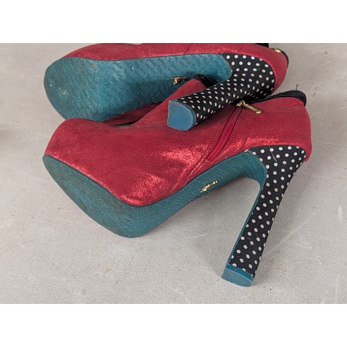 52 - A Pair of Babycham Red Glitter and Polka Dot Platform Ankle Boots Size 7