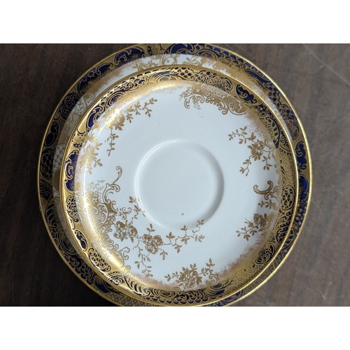 37 - Antique 6 Place Set of Aynsley Cobalt and Gold Gilded Bone China Tea Service, Sugar Dish Has Couple ... 