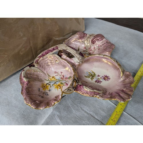 60 - A Late Victorian-style Porcelain Trefoil Serving Dish with Floral Lustre Glaze