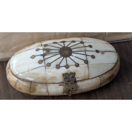 38 - An Assortment of Vintage Decorative Items and Jewellery in a Bone-Inlaid Trinket Box