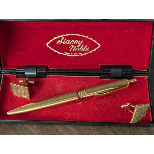 42 - An Assortment of Vintage Writing Instruments, Men's Accessory Sets, and a Lacquer Trinket Box