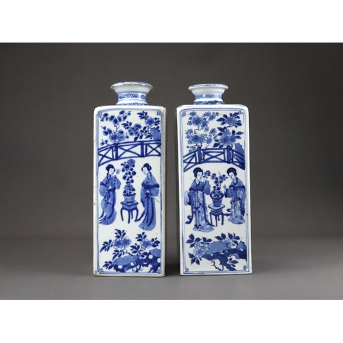 100 - A Good Pair of Blue and White Square  Bottles with Ladies, Kangxi, of upright rectangular form and s... 