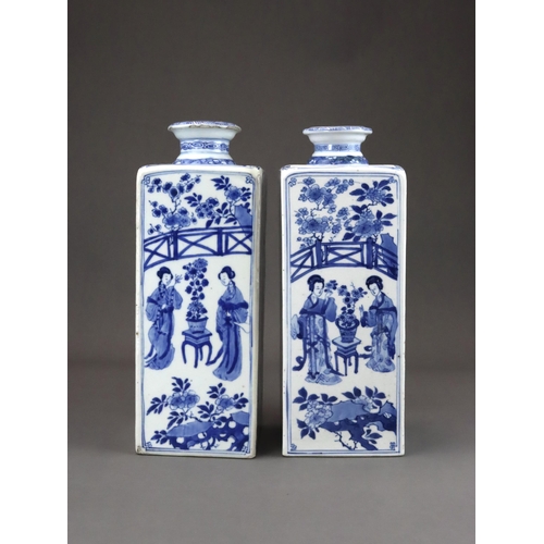 100 - A Good Pair of Blue and White Square  Bottles with Ladies, Kangxi, of upright rectangular form and s... 