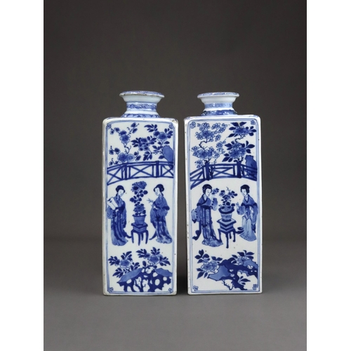 100 - A Good Pair of Blue and White Square  Bottles with Ladies, Kangxi, of upright rectangular form and s... 