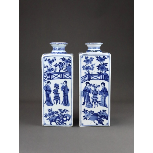 100 - A Good Pair of Blue and White Square  Bottles with Ladies, Kangxi, of upright rectangular form and s... 