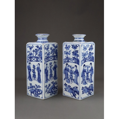 100 - A Good Pair of Blue and White Square  Bottles with Ladies, Kangxi, of upright rectangular form and s... 