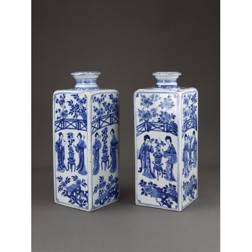 100 - A Good Pair of Blue and White Square  Bottles with Ladies, Kangxi, of upright rectangular form and s... 