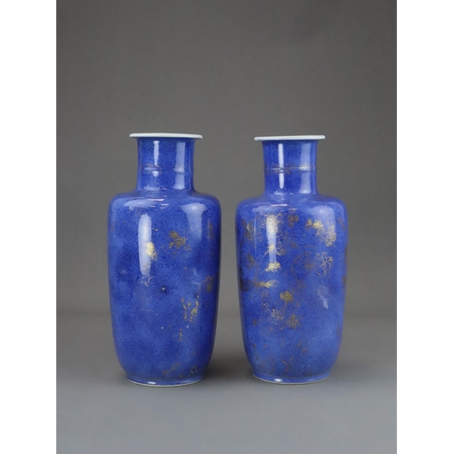 103 - An Attractive Pair of 'bleu souffle' Rouleau Vases, Kangxi, decorated on the exterior with gilt bird... 