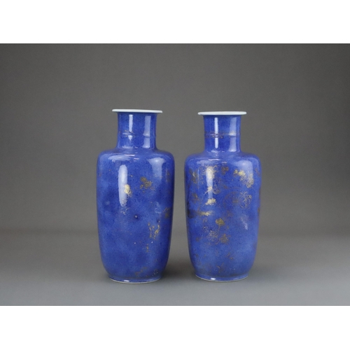 103 - An Attractive Pair of 'bleu souffle' Rouleau Vases, Kangxi, decorated on the exterior with gilt bird... 