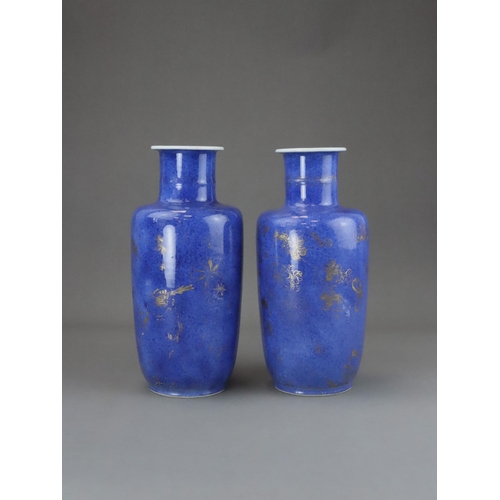 103 - An Attractive Pair of 'bleu souffle' Rouleau Vases, Kangxi, decorated on the exterior with gilt bird... 